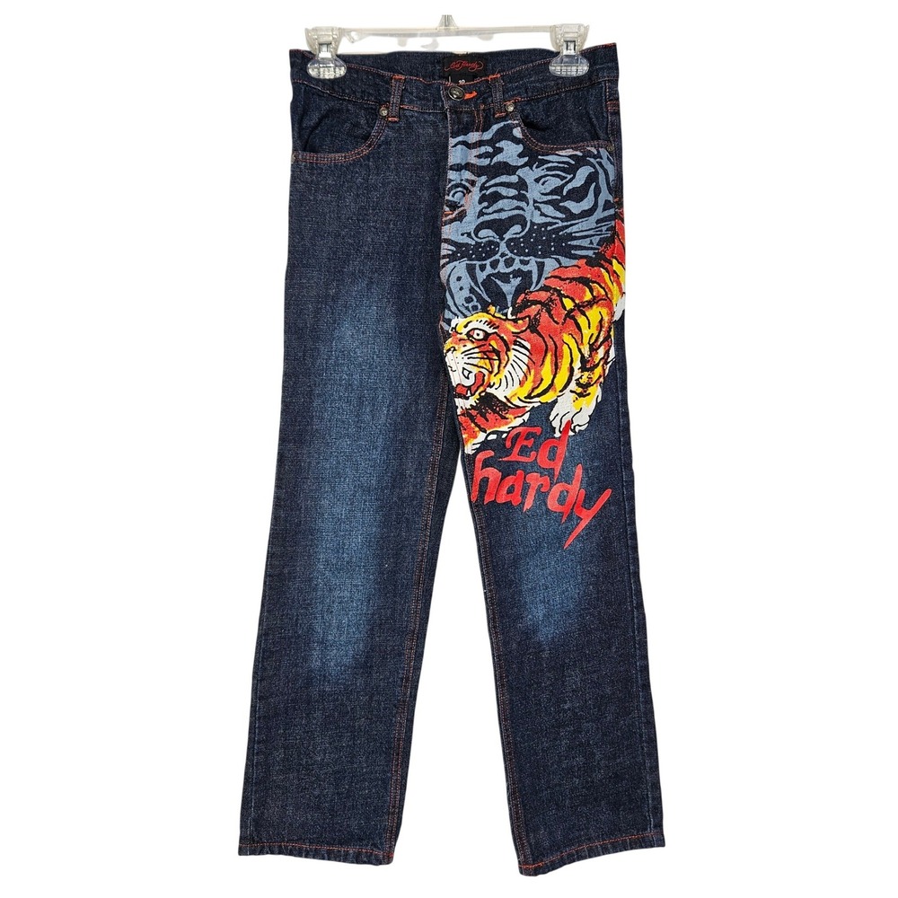 Ed Hardy Youth Tiger Straight Leg Jeans Size 10 Y2K Tattoo Art‎ 26x25 Streetwear